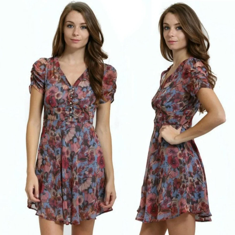 Dusty Pink short sleeve Floral Dress w/ buttons - Picture 1 of 4